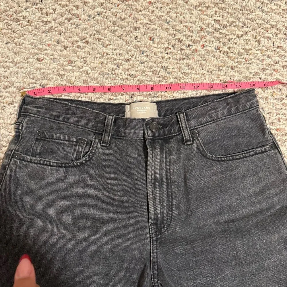 Everlane Denim Shorts in Washed Black High Rise Long Inseam Raw Hem- Size 28